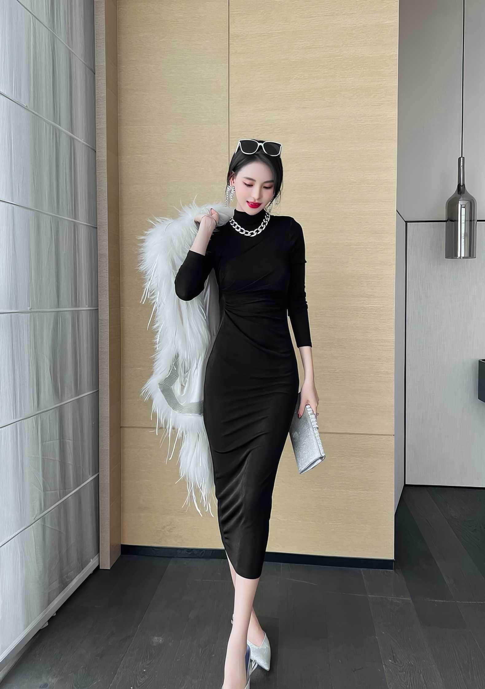High Neck Long Sleeve Bodycon Midi Dress