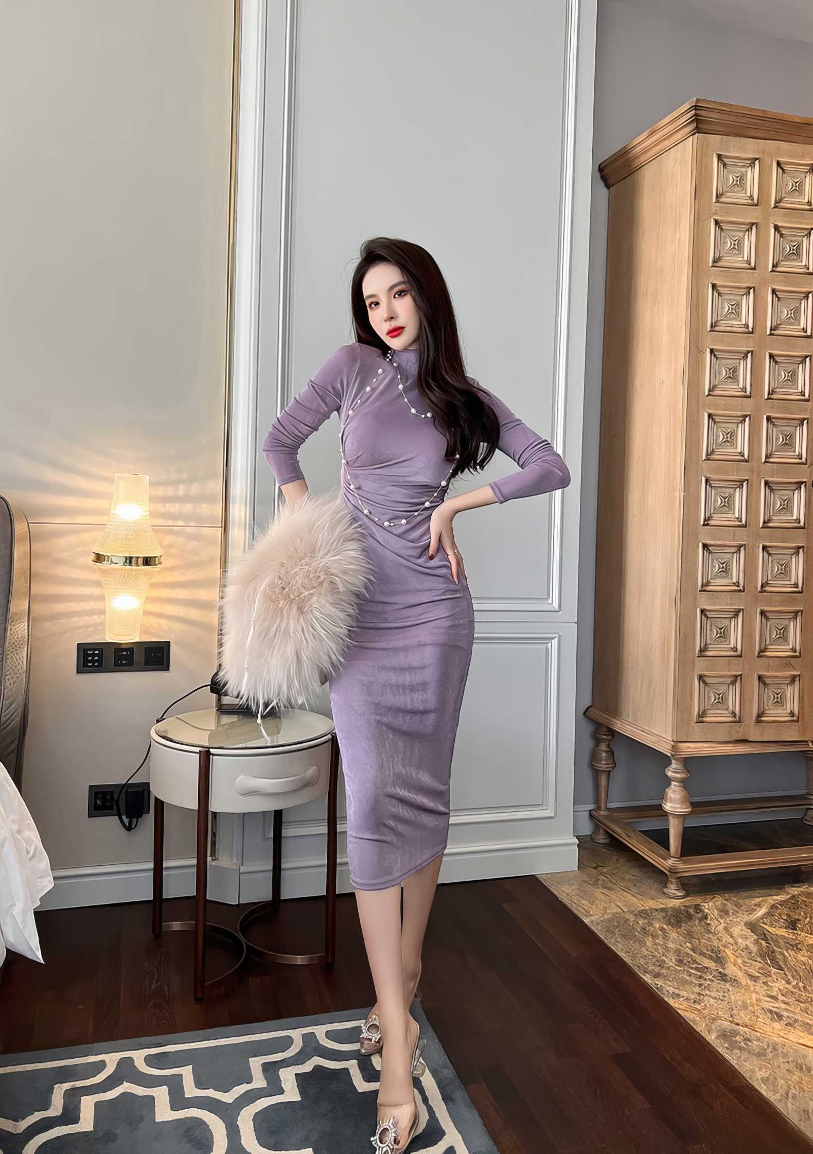 High Neck Long Sleeve Bodycon Midi Dress