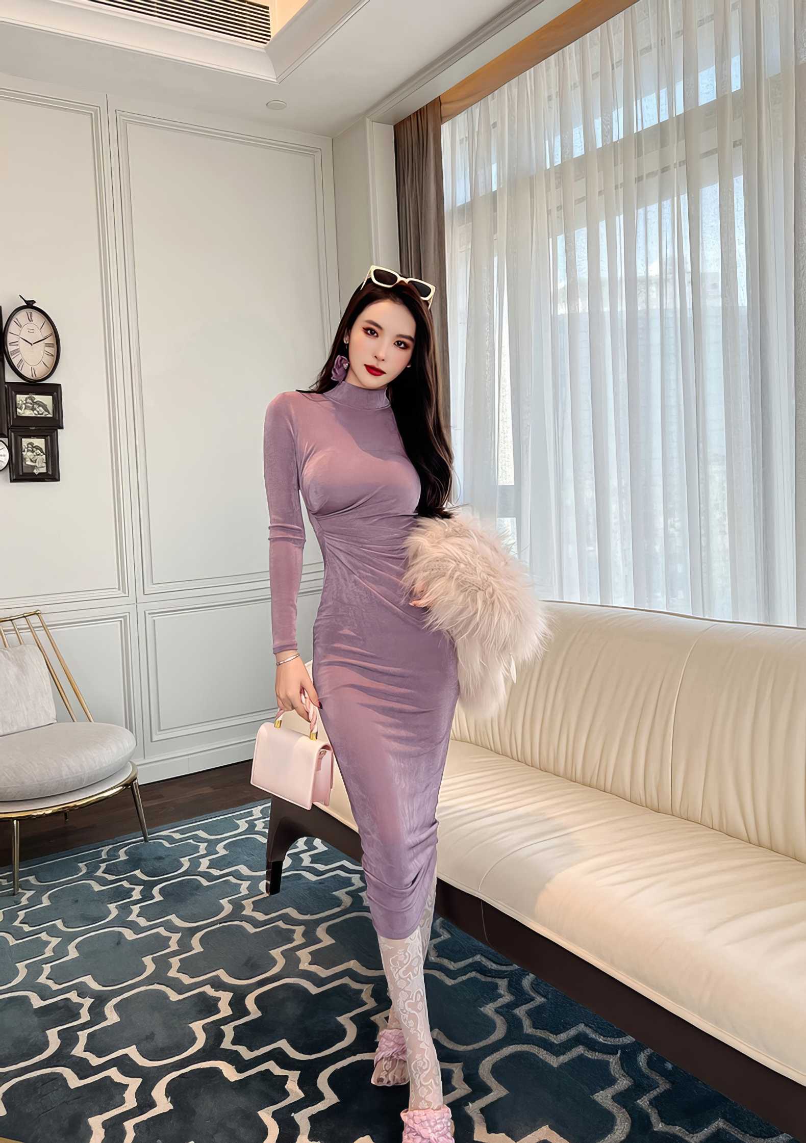 High Neck Long Sleeve Bodycon Midi Dress