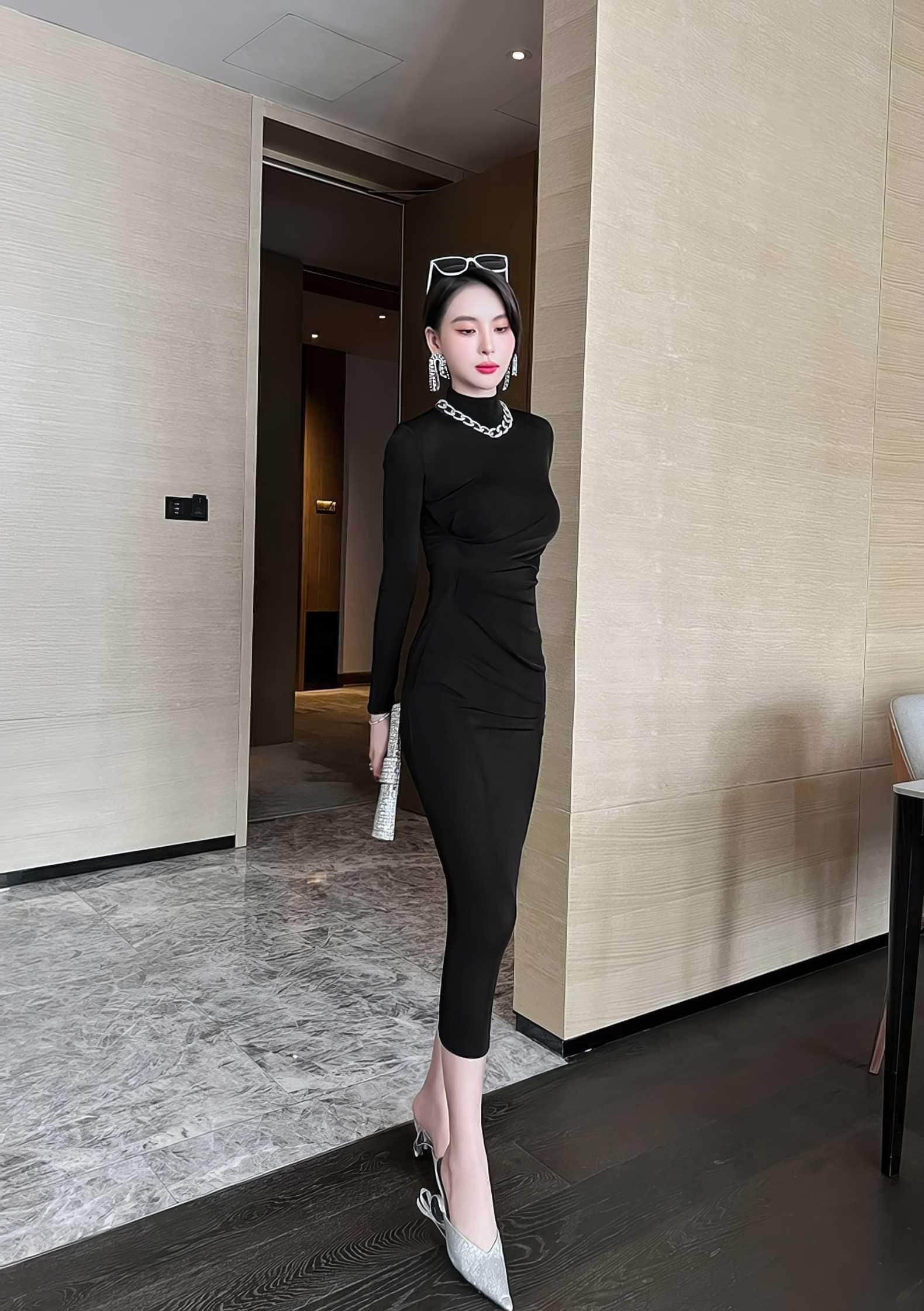 High Neck Long Sleeve Bodycon Midi Dress