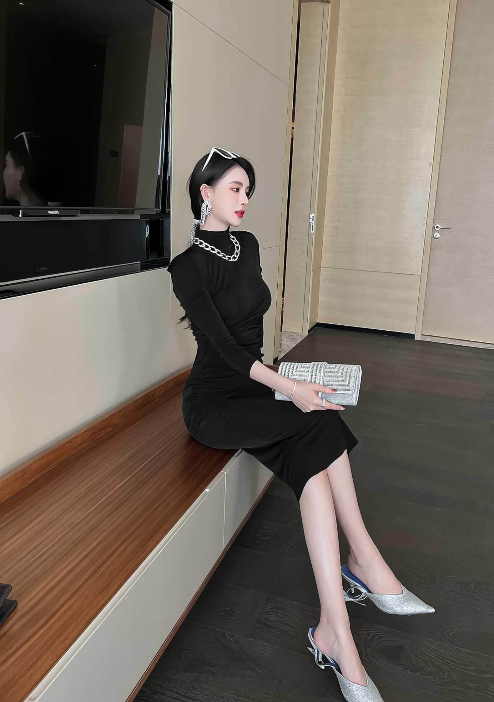 High Neck Long Sleeve Bodycon Midi Dress