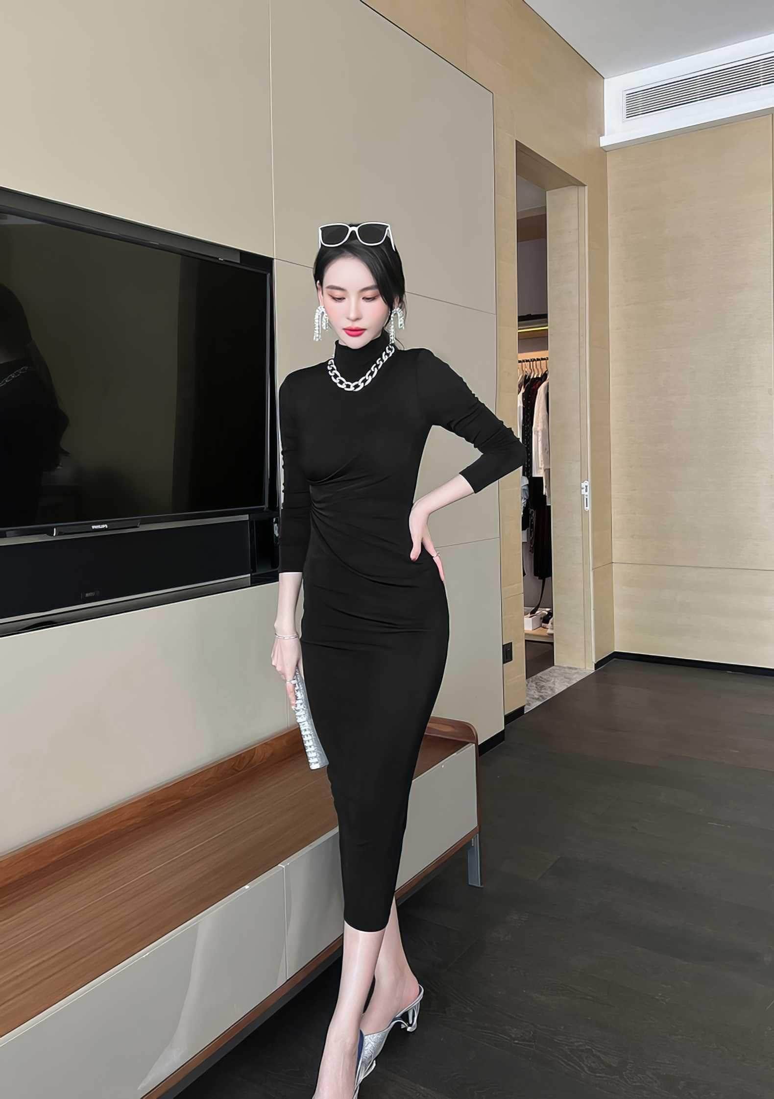 High Neck Long Sleeve Bodycon Midi Dress