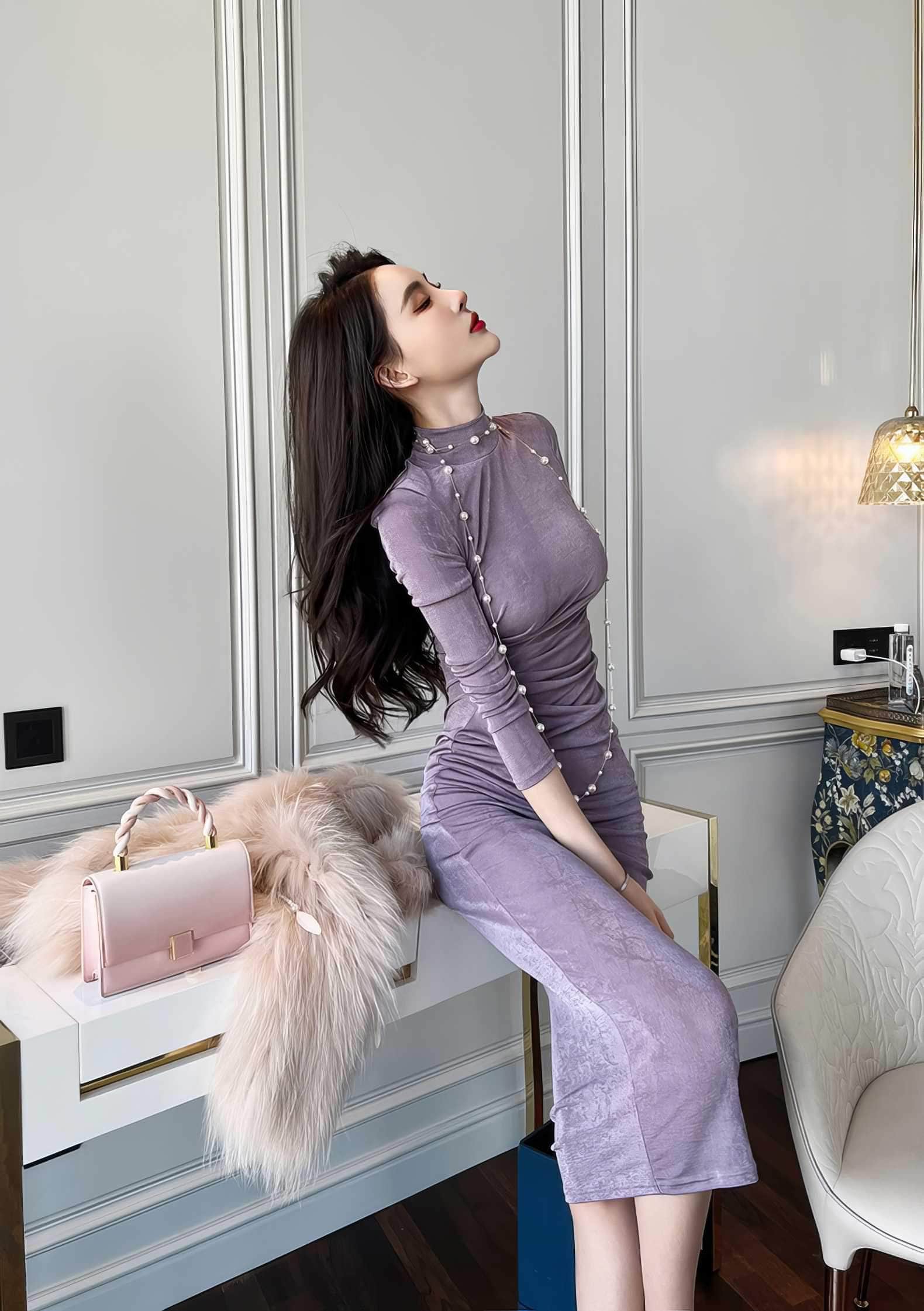 High Neck Long Sleeve Bodycon Midi Dress