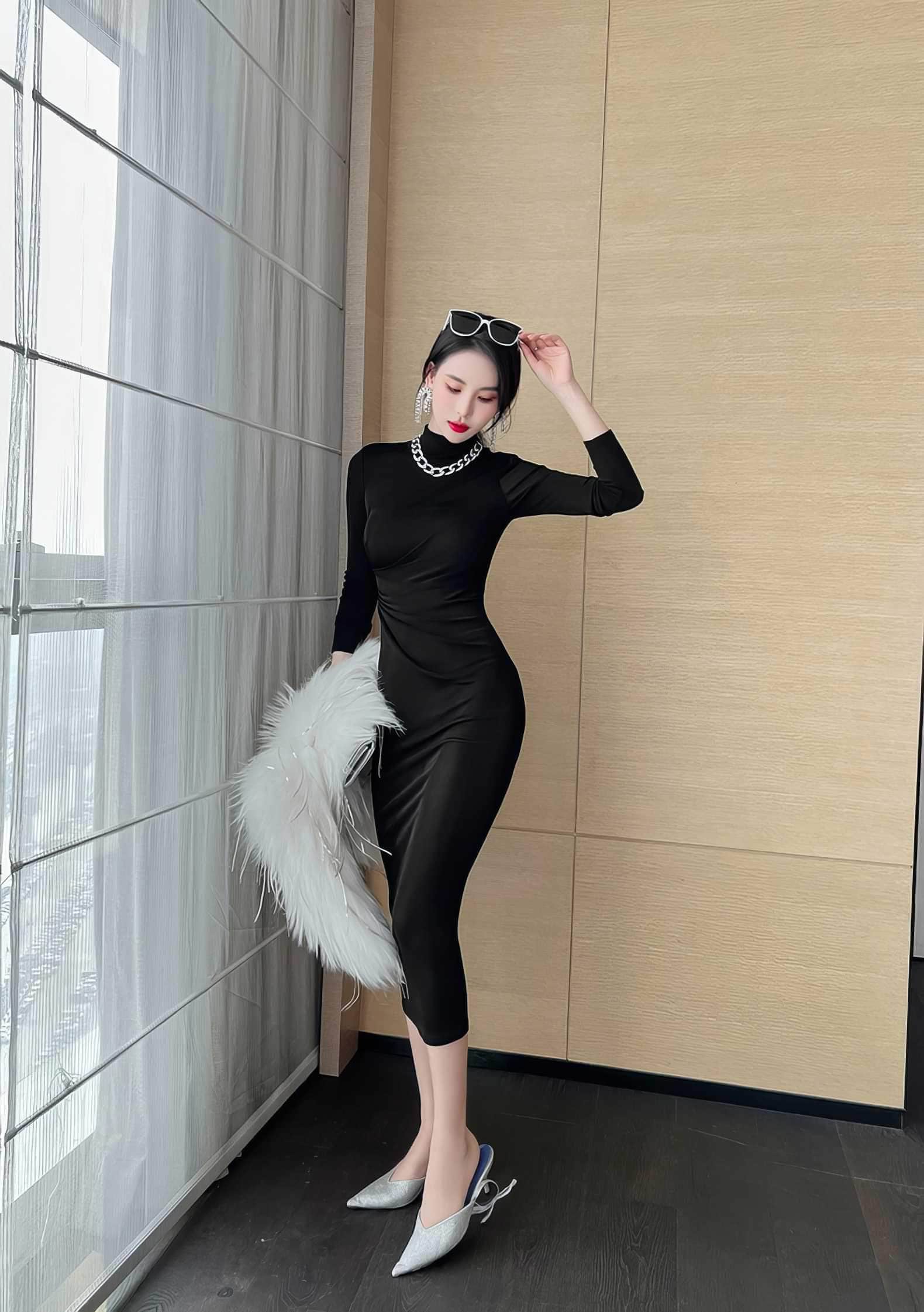 High Neck Long Sleeve Bodycon Midi Dress