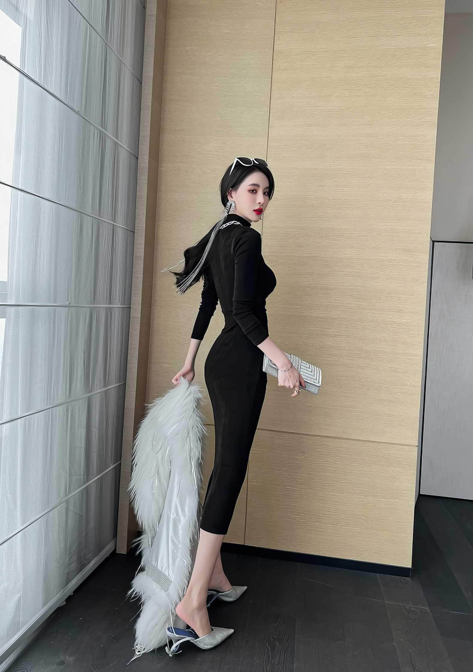 High Neck Long Sleeve Bodycon Midi Dress