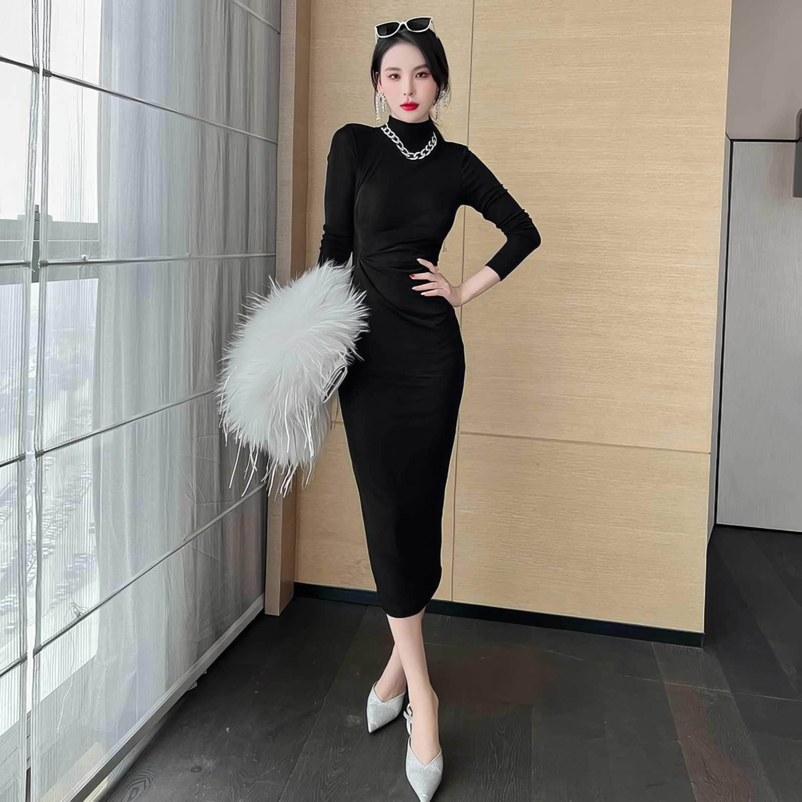 High Neck Long Sleeve Bodycon Midi Dress