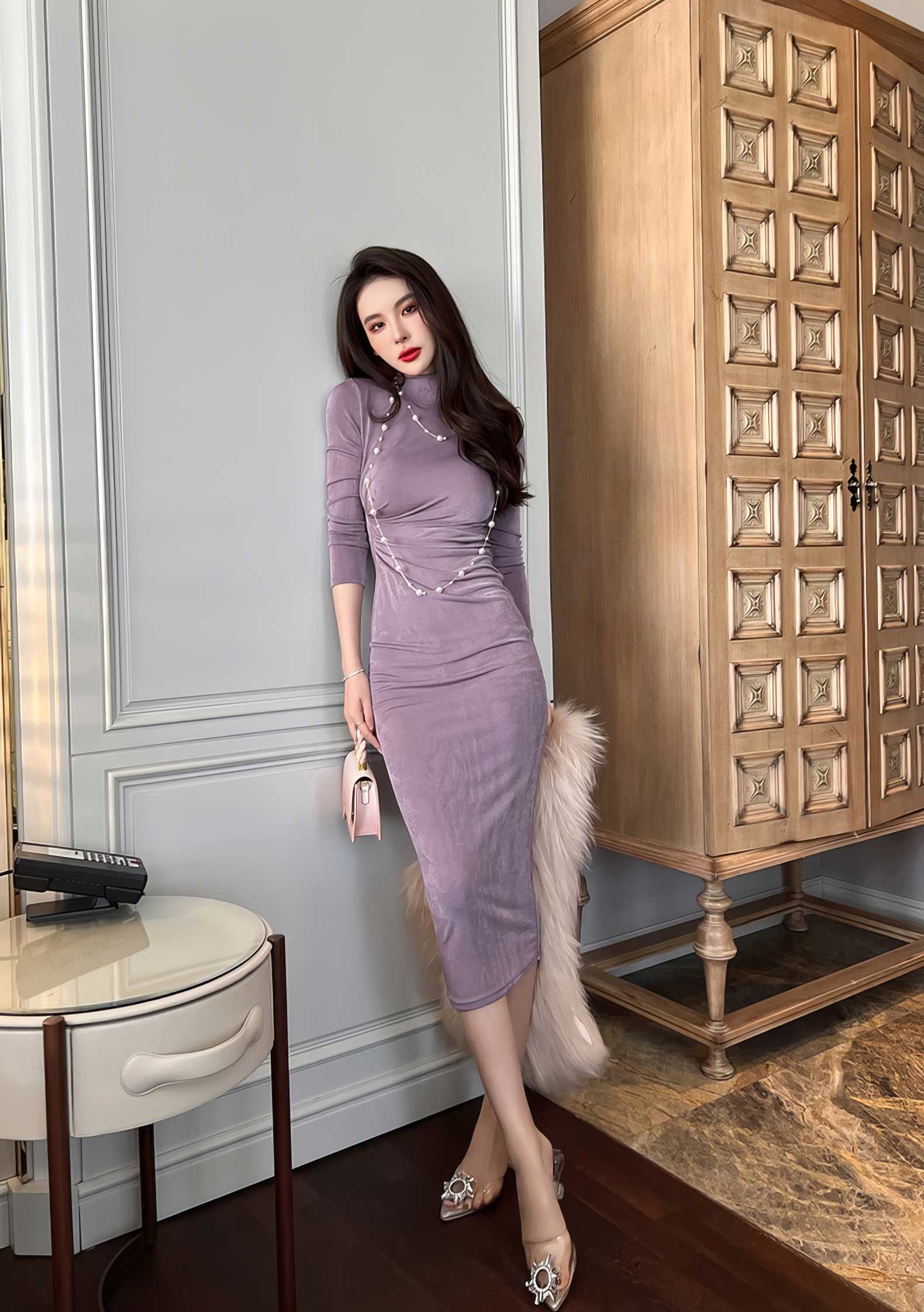 High Neck Long Sleeve Bodycon Midi Dress