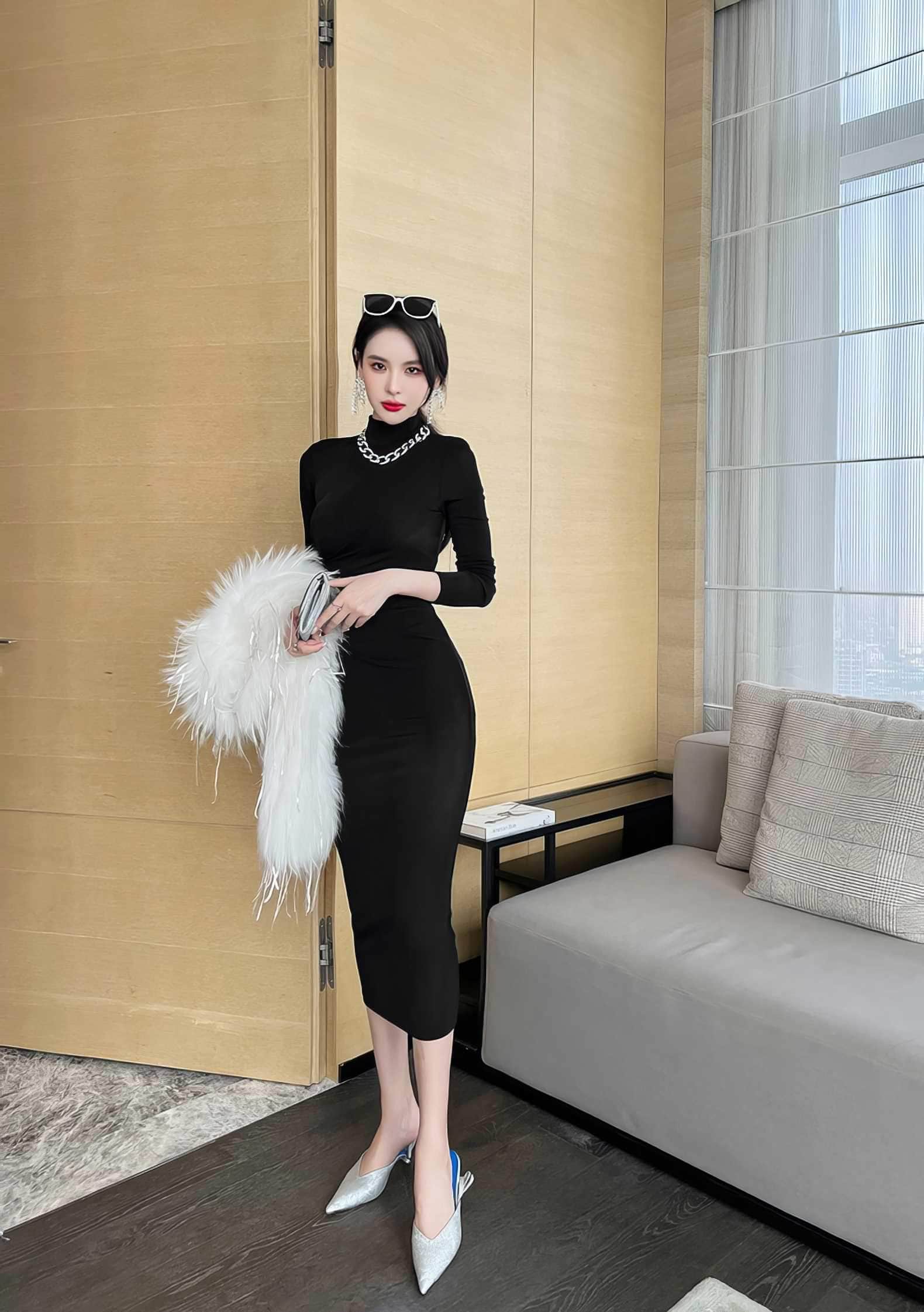 High Neck Long Sleeve Bodycon Midi Dress