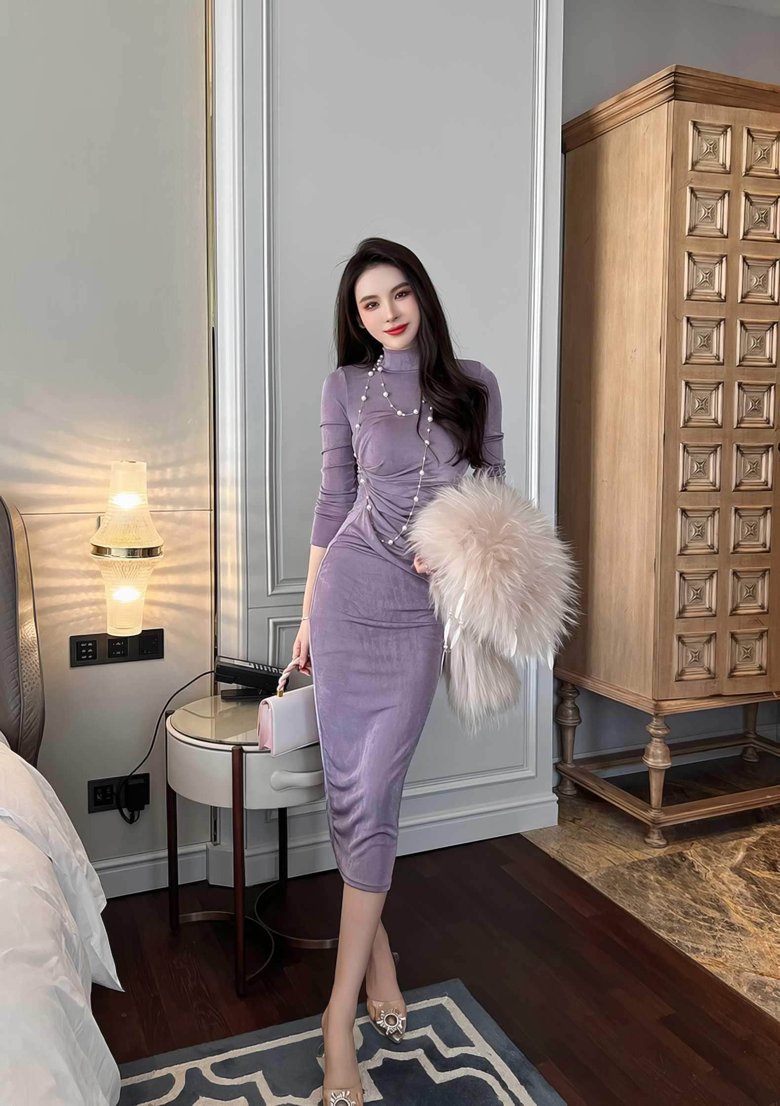 High Neck Long Sleeve Bodycon Midi Dress