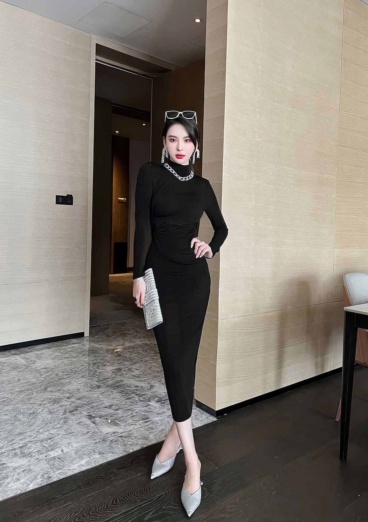High Neck Long Sleeve Bodycon Midi Dress S / Black