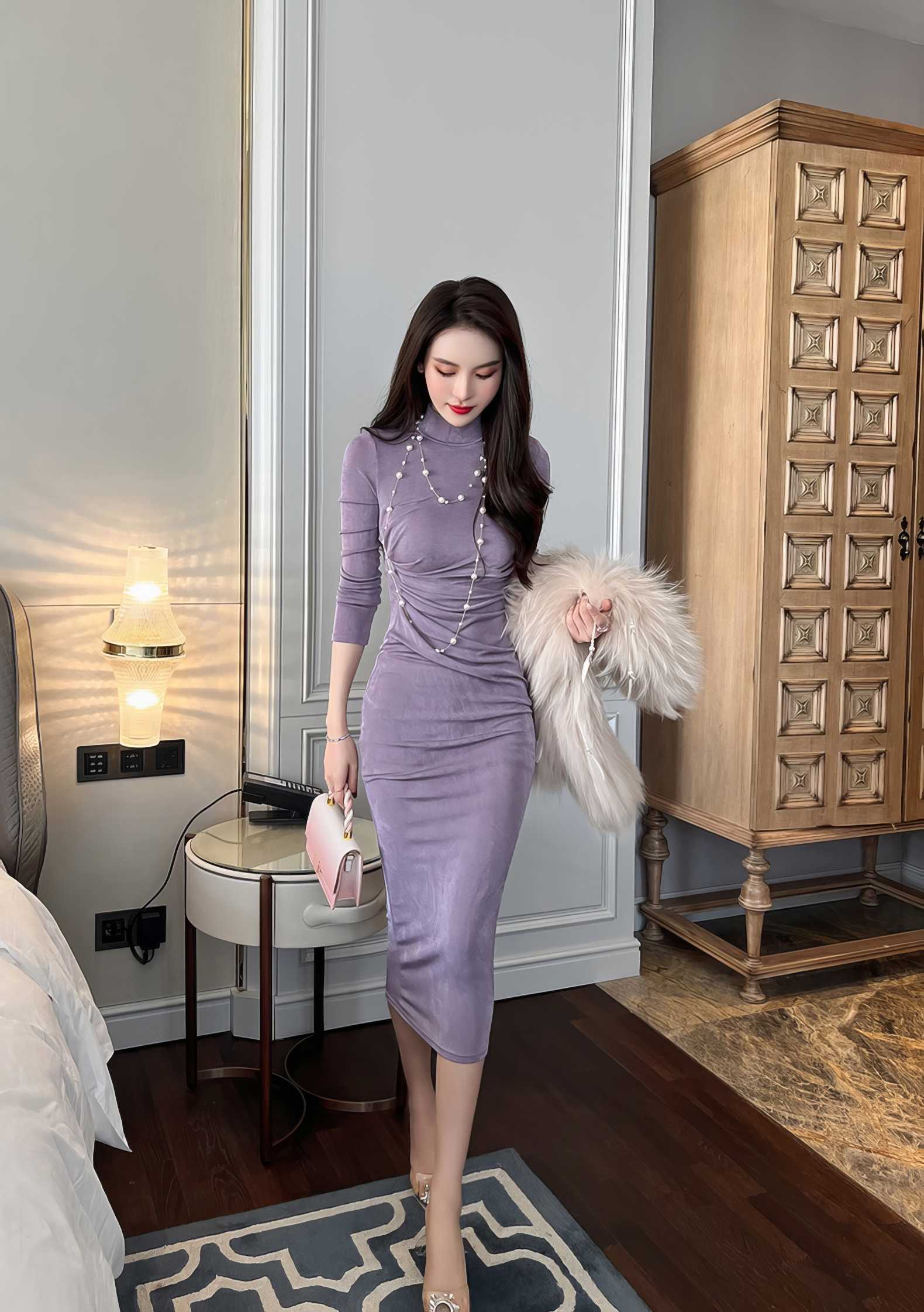 High Neck Long Sleeve Bodycon Midi Dress S / Thistle