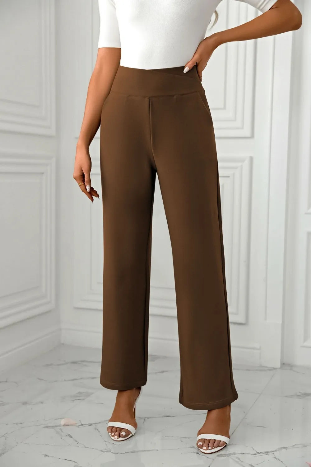 High Waist Straight Leg Pants Brown / S