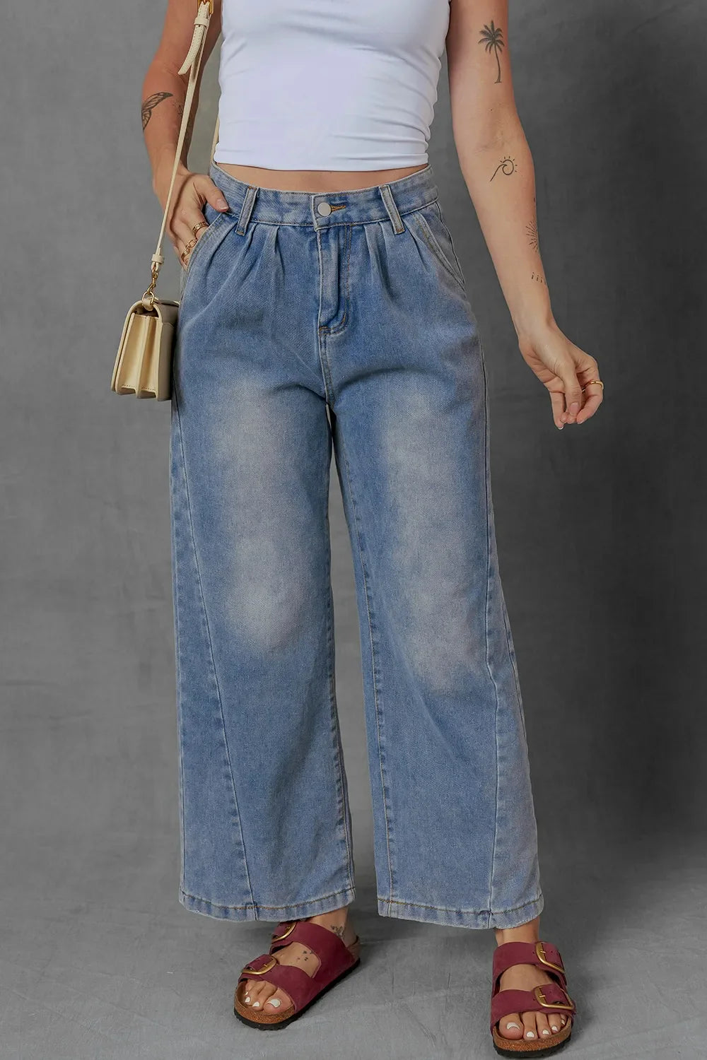 High-Waist Wide Leg Pleated Denim Jeans