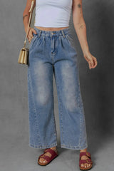 High-Waist Wide Leg Pleated Denim Jeans