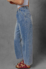 High-Waist Wide Leg Pleated Denim Jeans