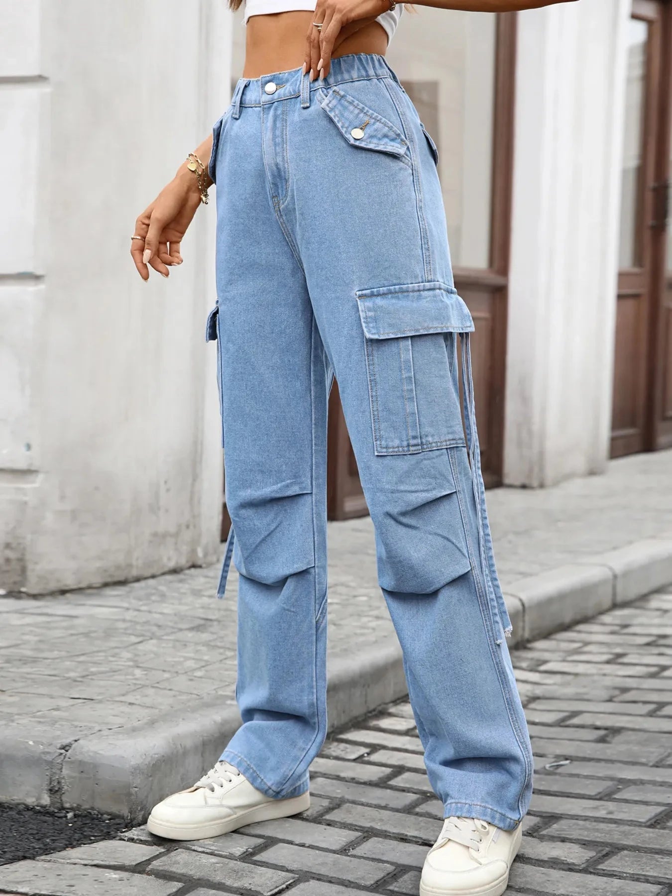 High Waisted Cargo Pocket Jeans