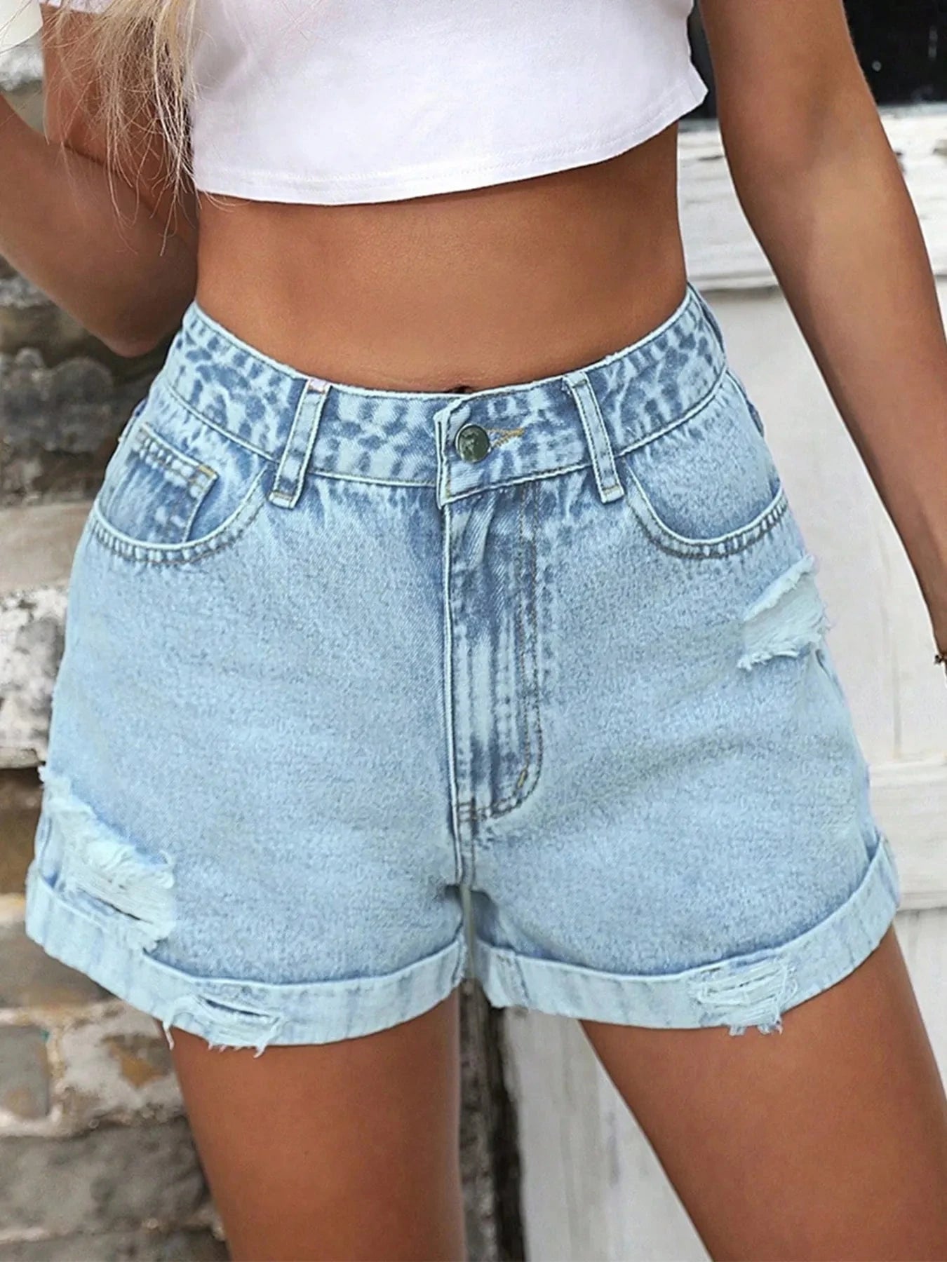 High-Waisted Distressed Denim Shorts Light / XS