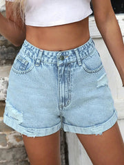 High-Waisted Distressed Denim Shorts Light / XS