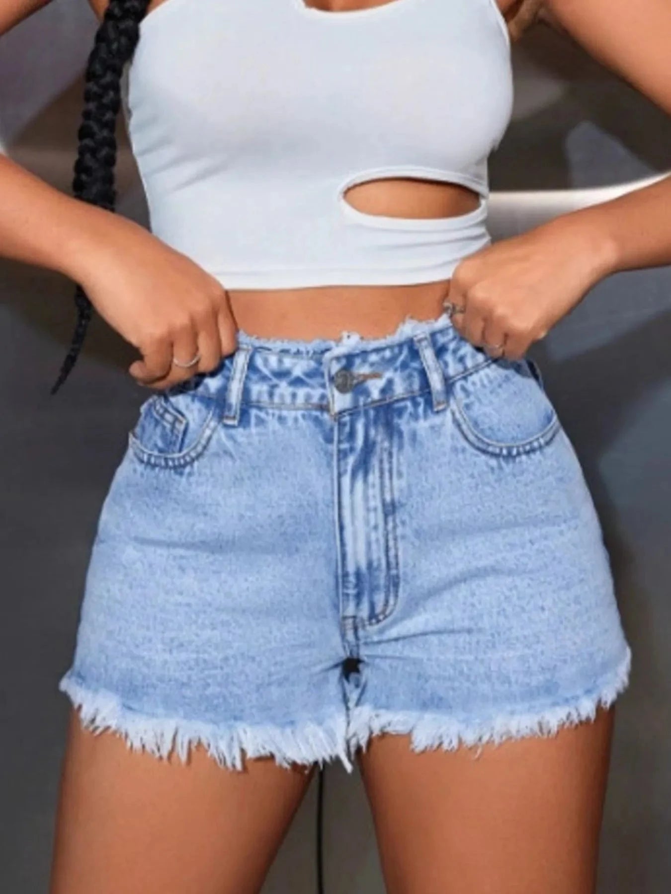 High Waisted Frayed Hem Denim Shorts Blue / L