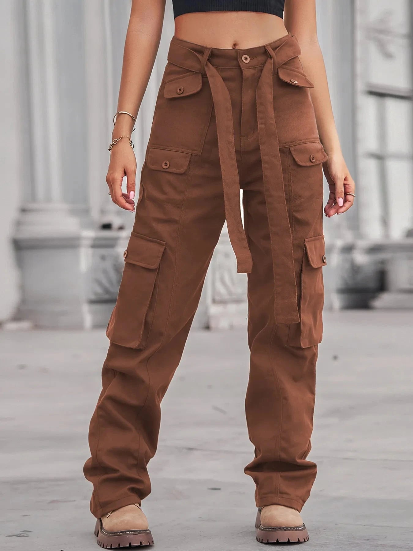 High-Waisted Multi-Pocket Cargo Jeans