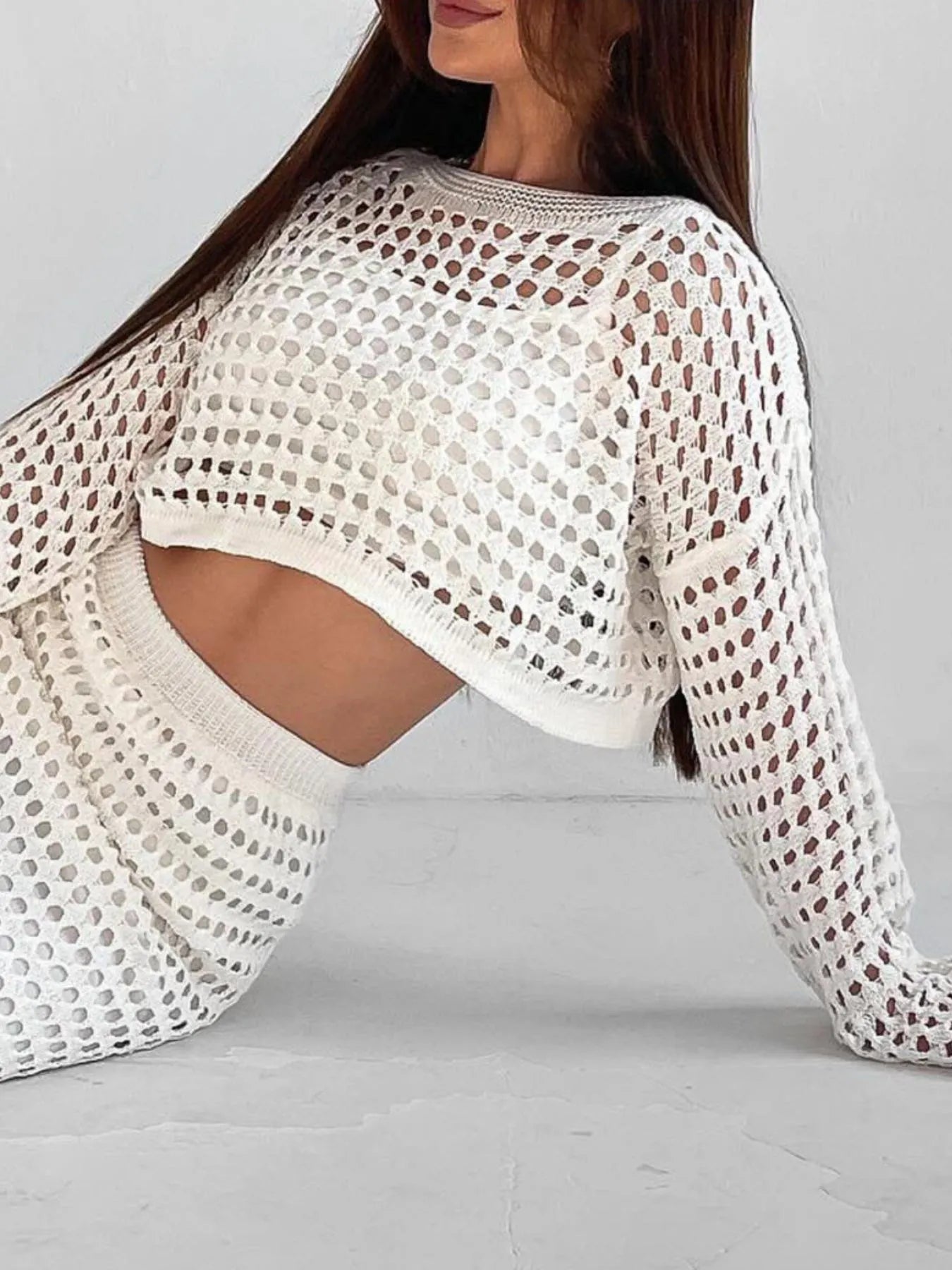 Hollow Out Long Sleeve Top and Skirt Knit Set