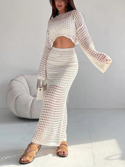 Hollow Out Long Sleeve Top and Skirt Knit Set
