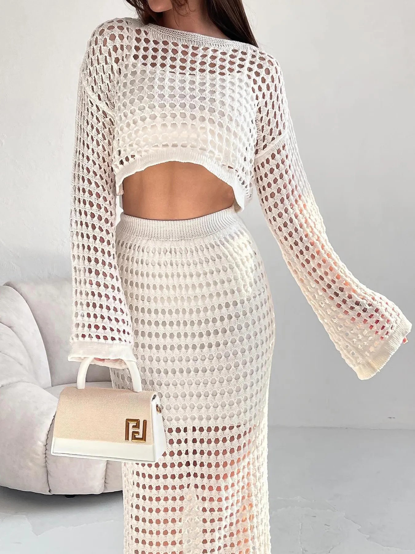 Hollow Out Long Sleeve Top and Skirt Knit Set