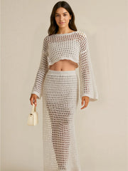 Hollow Out Long Sleeve Top and Skirt Knit Set Apricot / S