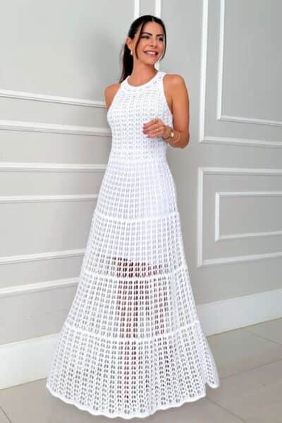 Hollowed-Out Sleeveless Maxi Dress White / S