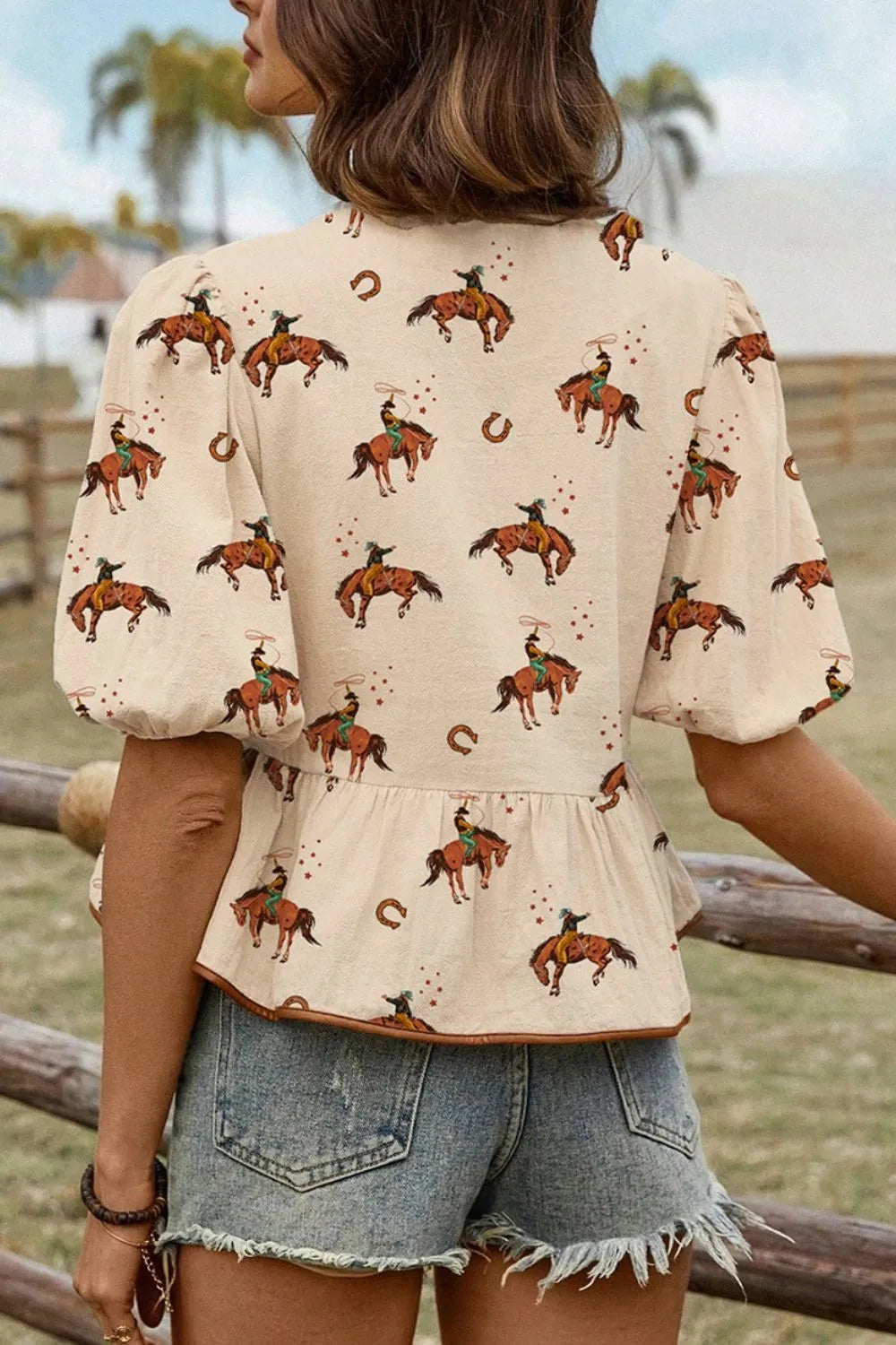 Horse Print Tie-Front Peplum Blouse