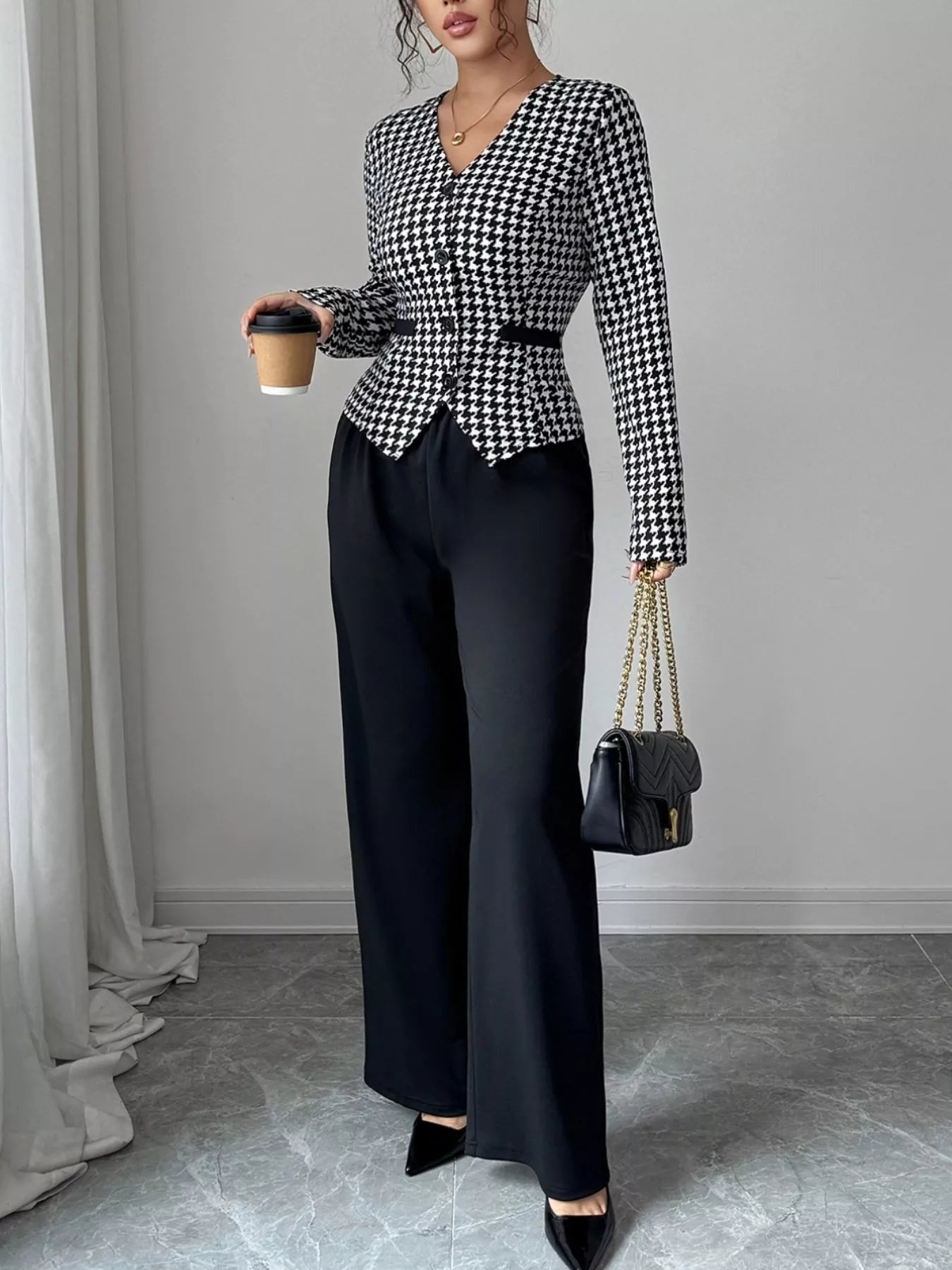 Houndstooth Blazer & Wide Leg Pants Set Black / S