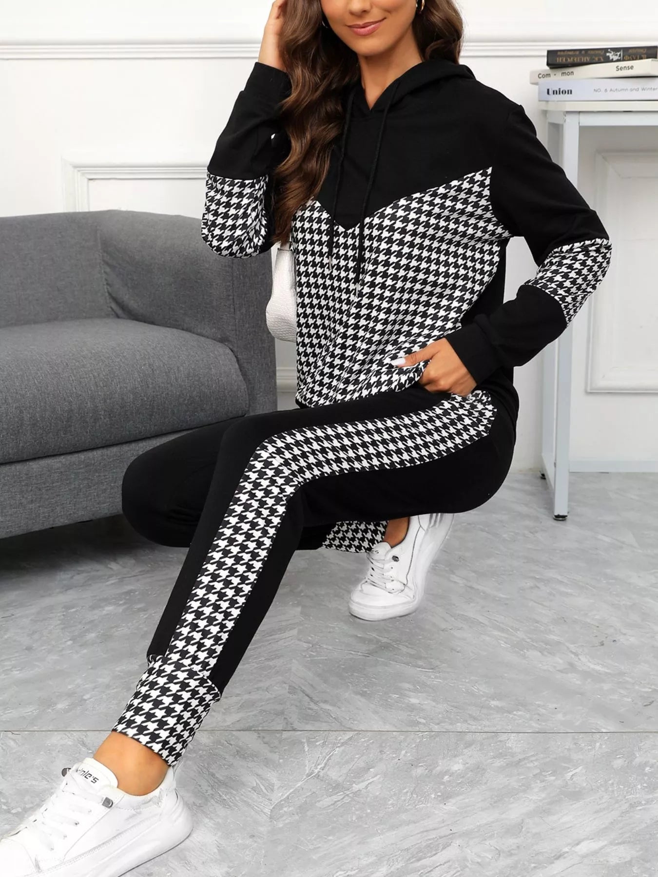 Houndstooth Drawstring Hoodie and Pants Se