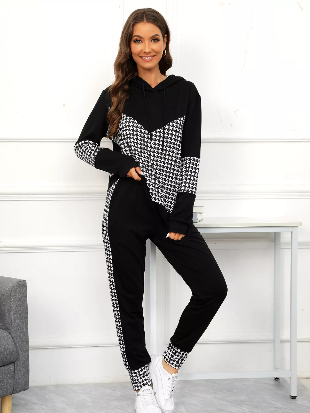 Houndstooth Drawstring Hoodie and Pants Se Black / S