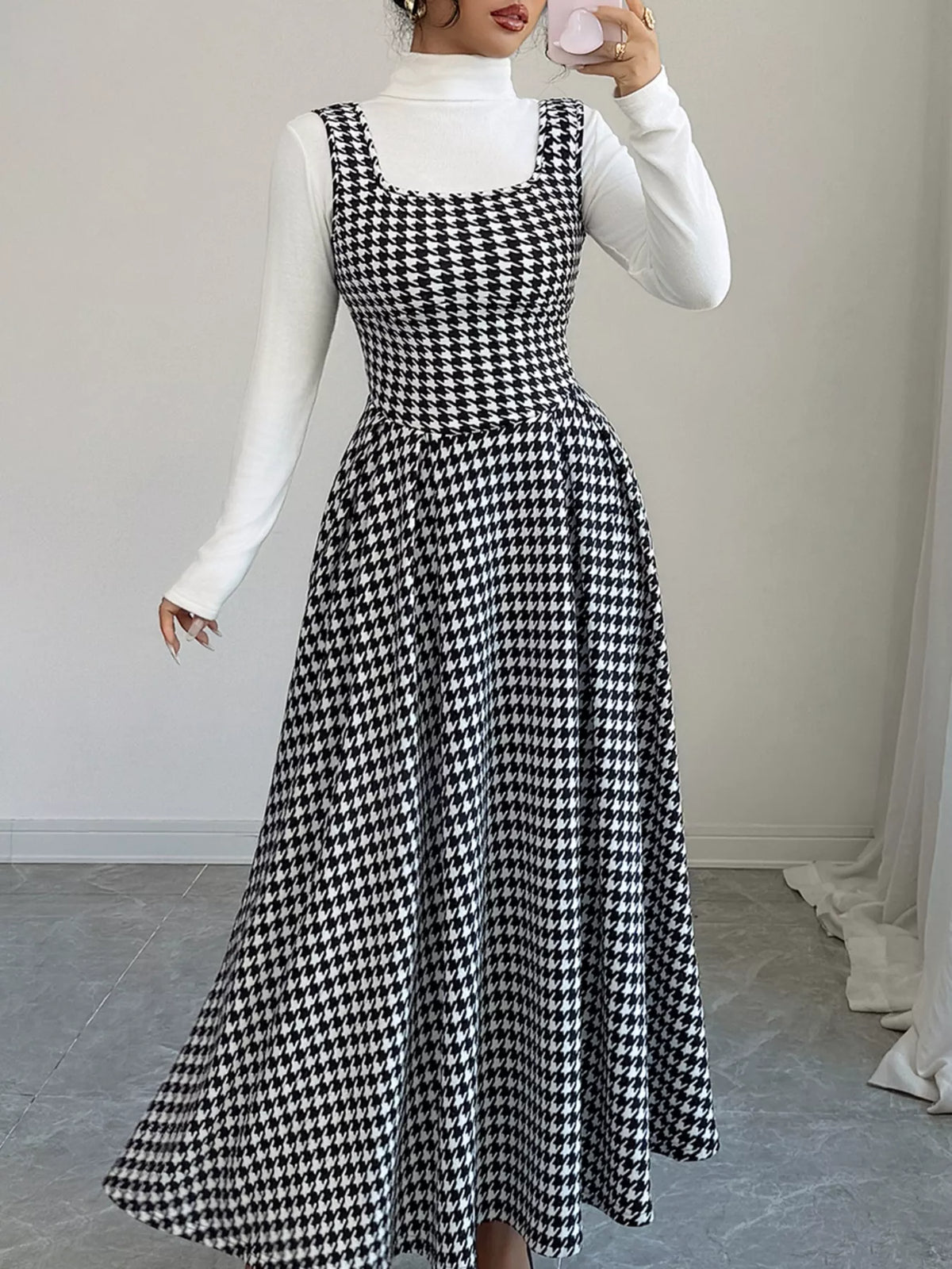 Houndstooth Sleeveless A-Line Dress Black / S