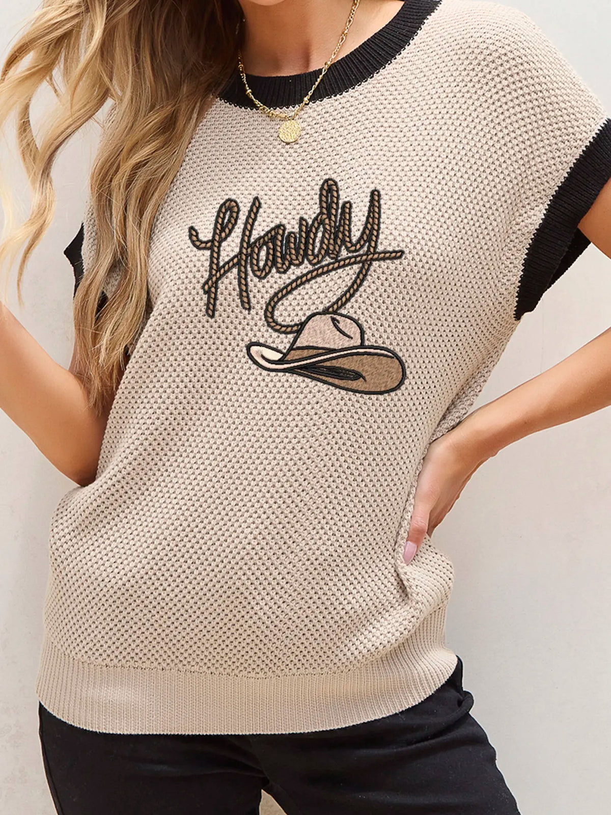 Howdy Cowboy Hat Embroidered Short Sleeve Sweater Light French Beige / S