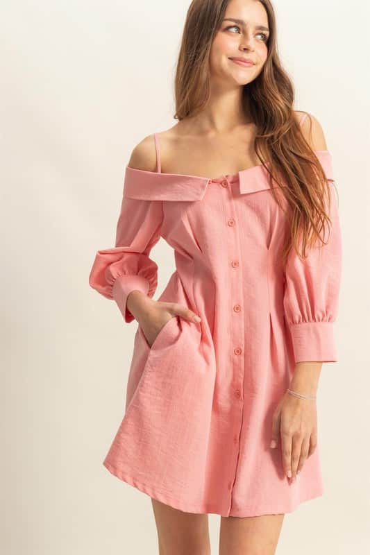 HYFVE Button Down Spaghetti Strap Mini Dress with Pockets Coral / L
