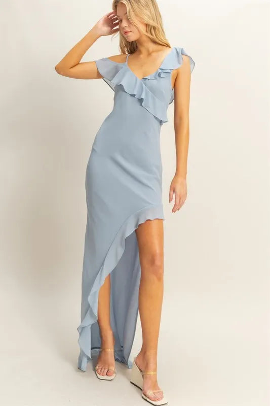 HYFVE Chiffon Ruffle Trim Midi Dress DUSTY BLUE / S