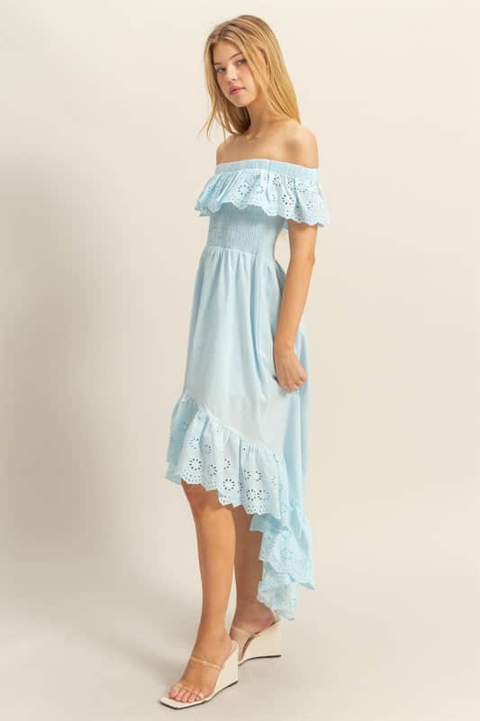 HYFVE High-Low Eyelet Ruffled Off-Shoulder Dress