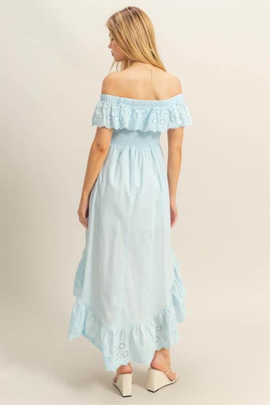 HYFVE High-Low Eyelet Ruffled Off-Shoulder Dress