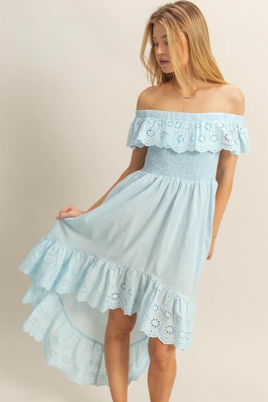 HYFVE High-Low Eyelet Ruffled Off-Shoulder Dress Pastel  Blue / L