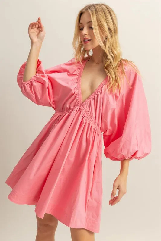 HYFVE Plunge Balloon Sleeve Poplin Mini Dress with Pockets Coral / L
