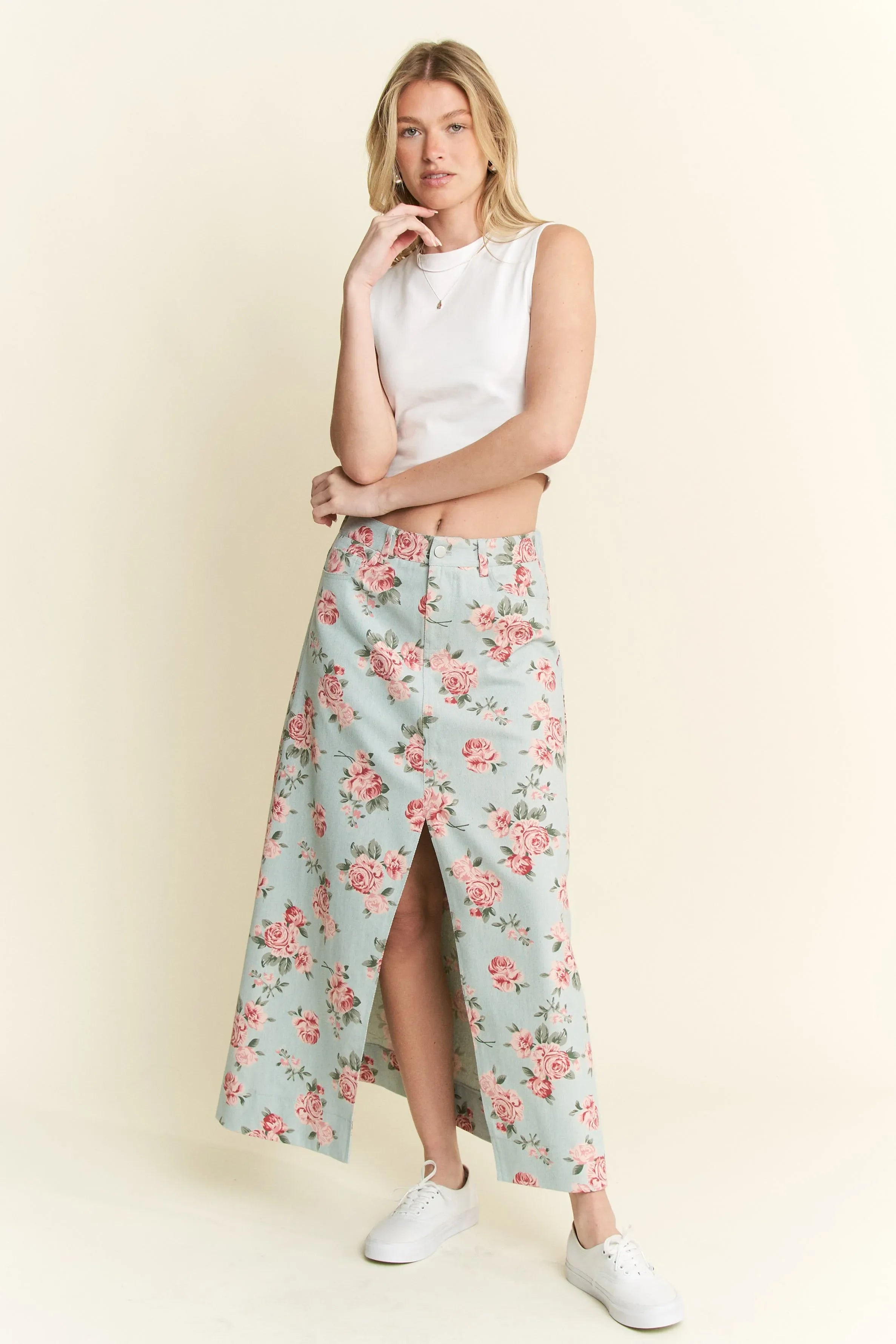 Jade By Jane Full Size Floral Print Front Slit Denim Maxi Skirt Plus Size L.DENIM / S