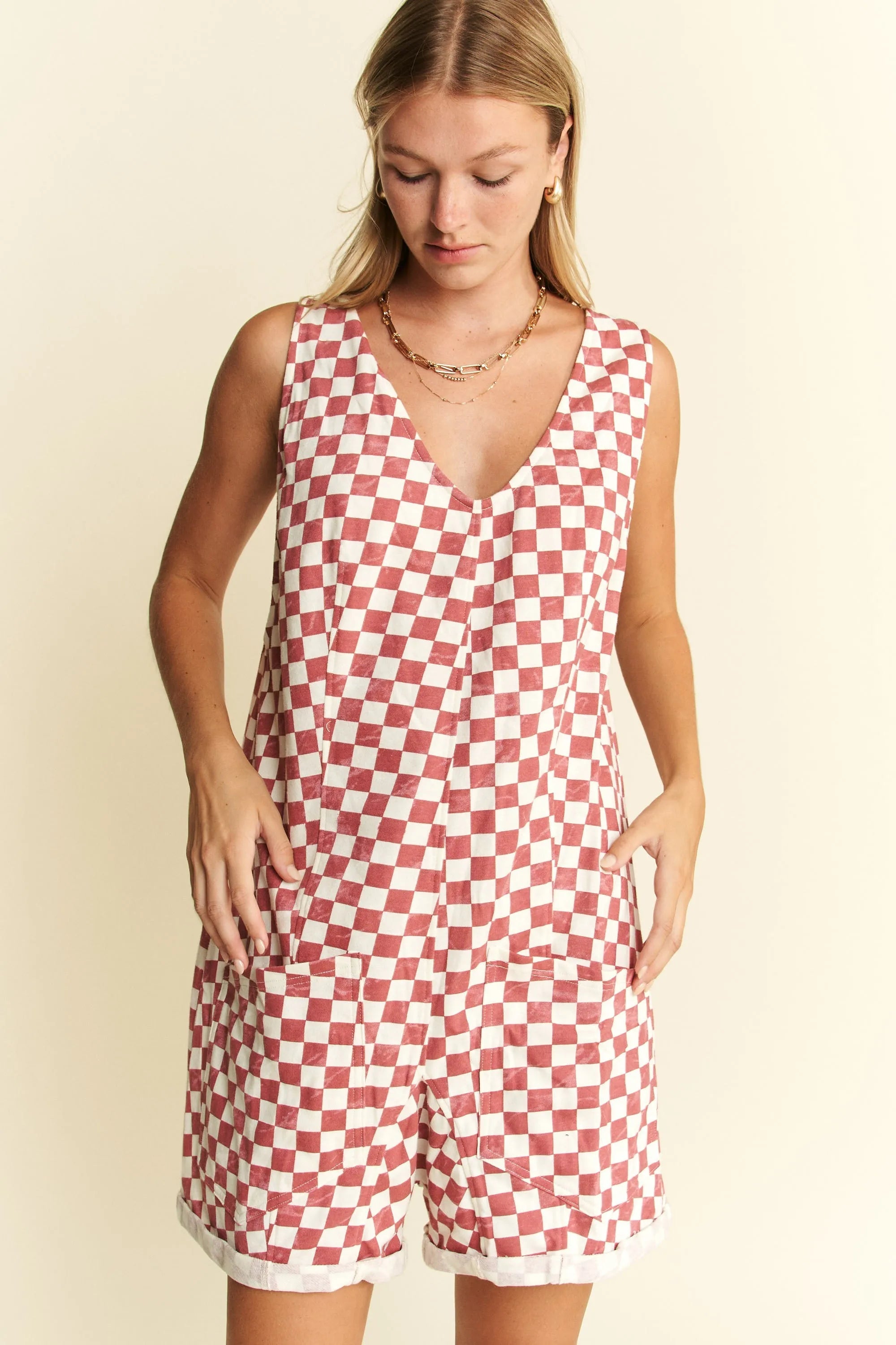 Jade By Jane Plus Size Back Tie Sleeveless Plaid Romper with Pockets