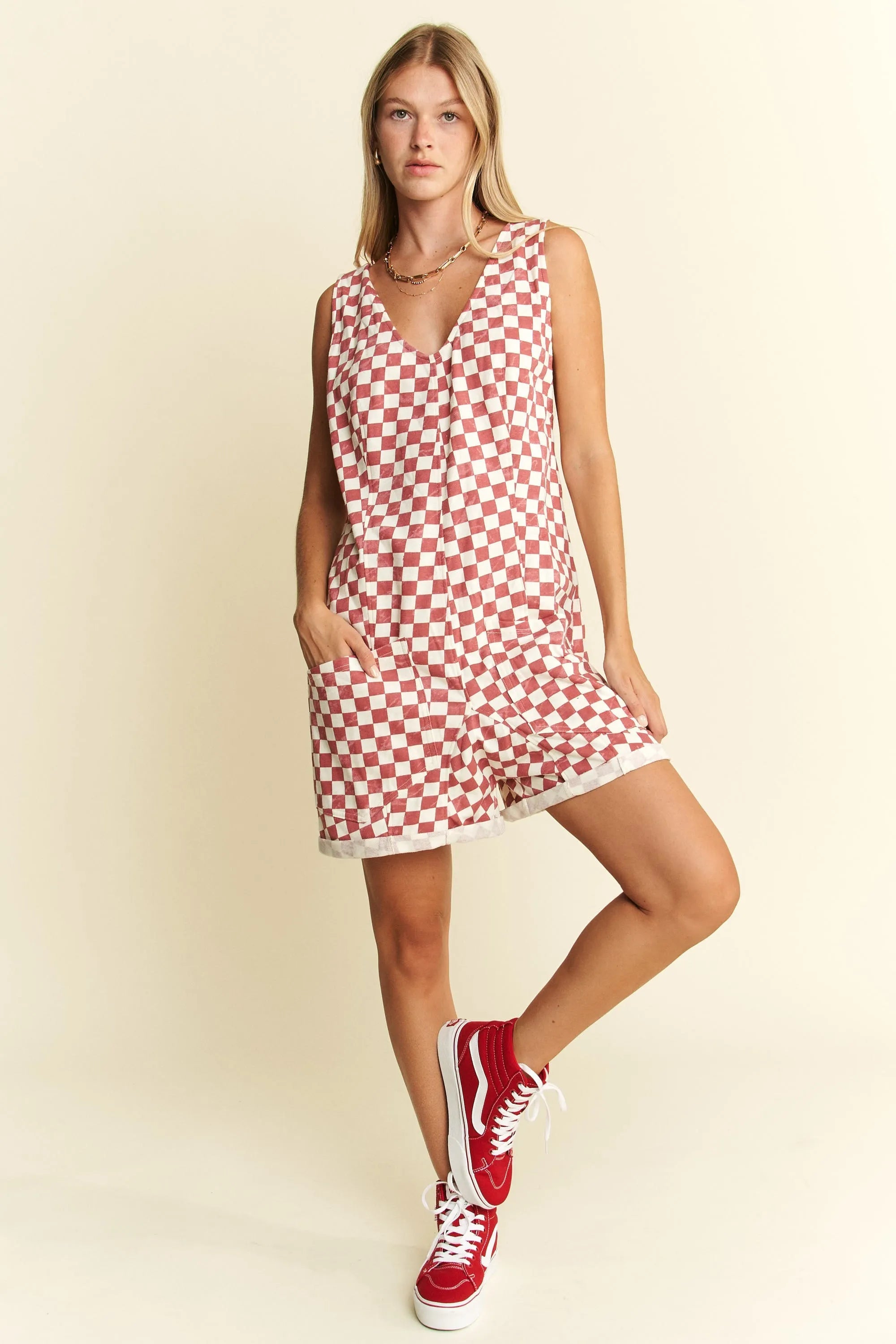 Jade By Jane Plus Size Back Tie Sleeveless Plaid Romper with Pockets