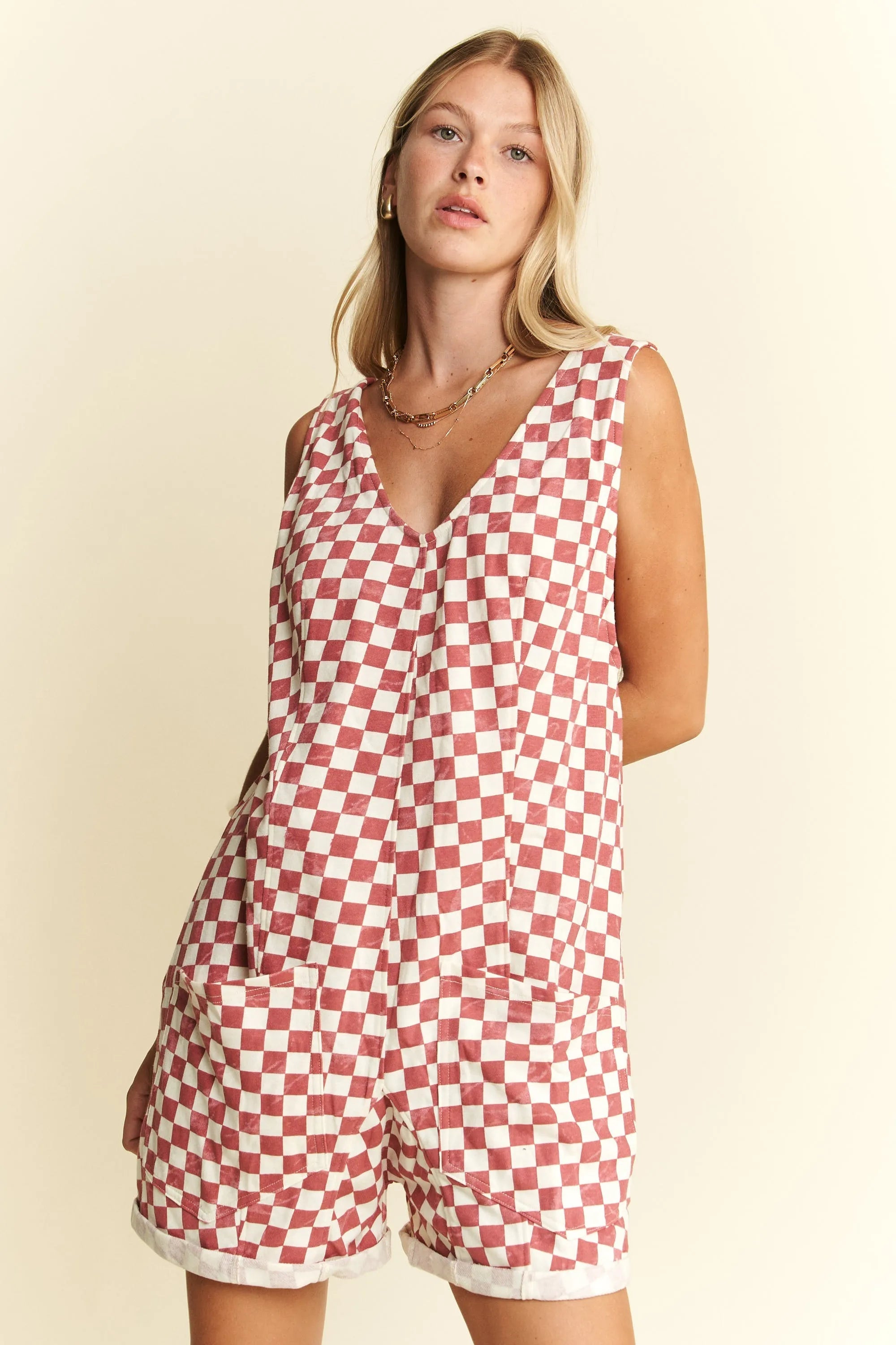 Jade By Jane Plus Size Back Tie Sleeveless Plaid Romper with Pockets