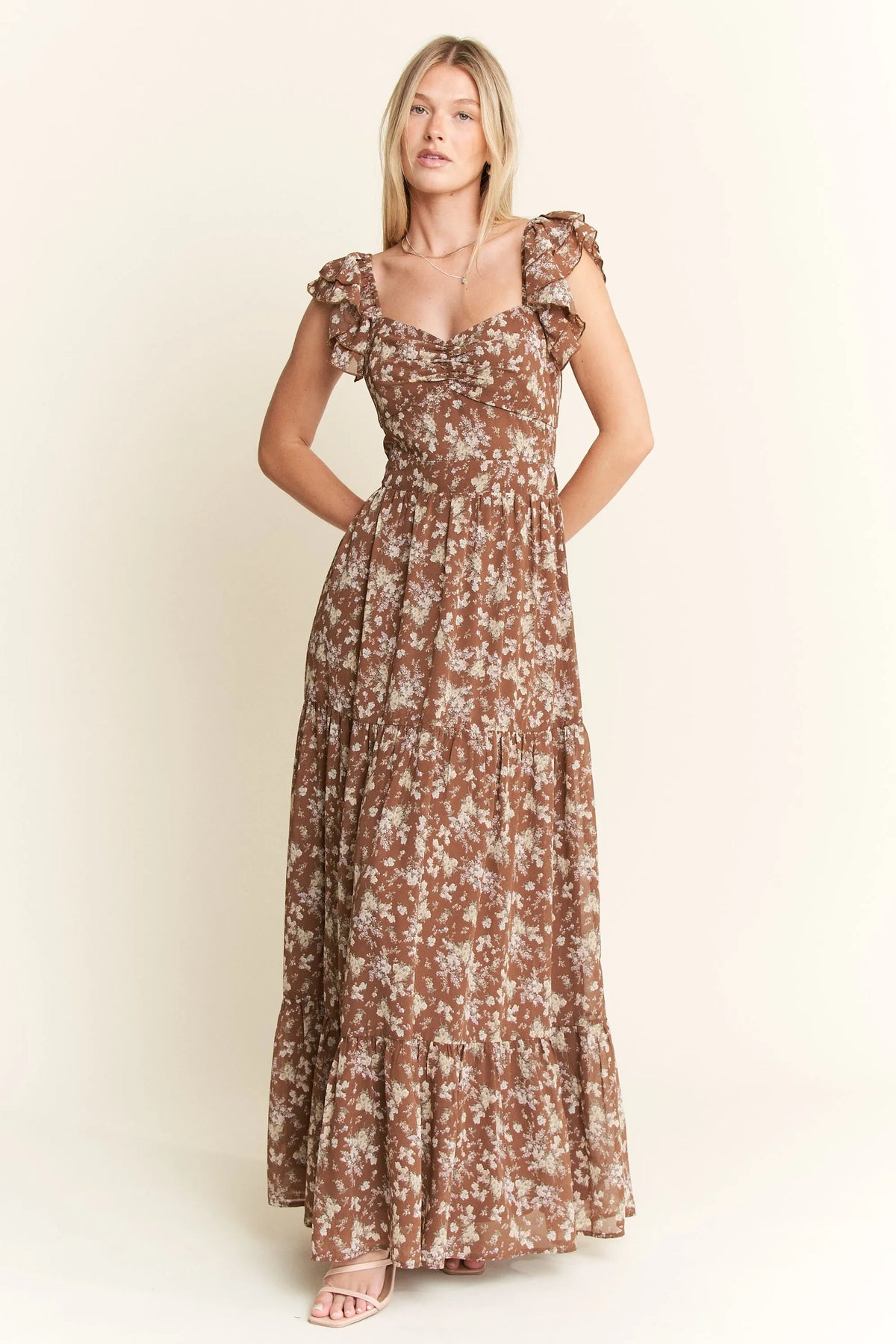 Jade By Jane Ruffle Sleeve Tiered Maxi Dress MOCHA / S