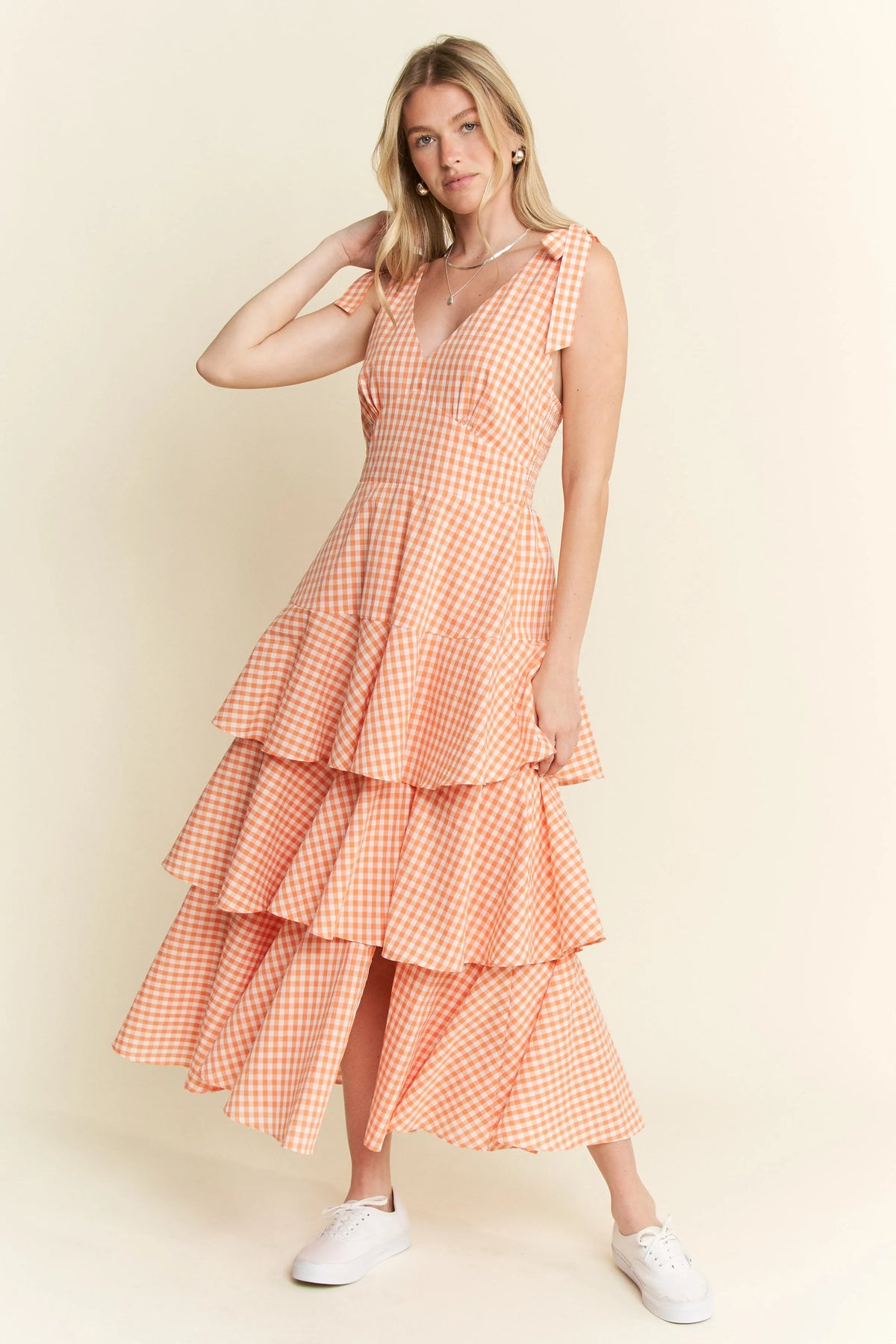 Jade By Jane Sleeveless Gingham Print Tiered Midi Dress ORANGE / S