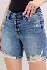 Judy Blue Button Fly Mid Length Denim Shorts W/ Destroy MD / S
