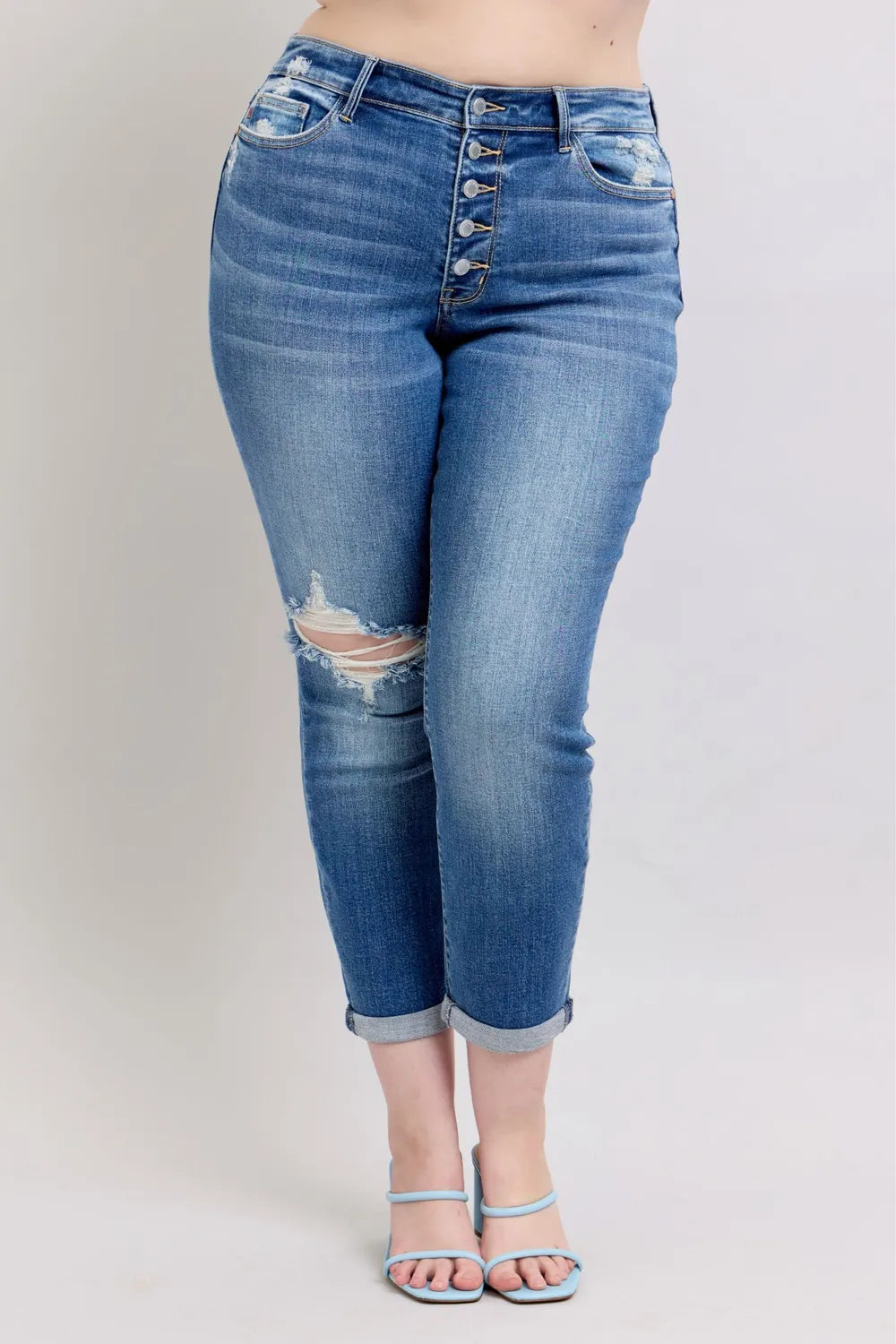 Judy Blue Full Size Button Fly Distressed Jeans with Pockets Plus Size Medium / 0(24)