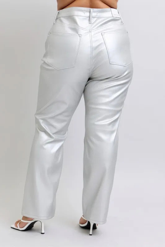 Judy Blue Full Size High Waist Silver Faux Leather Pants Plus Size
